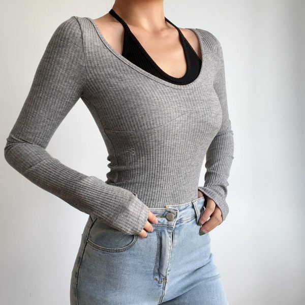 Sexy V-Neck Halter Tie Color-Blocking Ribbed High-Waisted Long Sleeve T-Shirt Top - European American Style