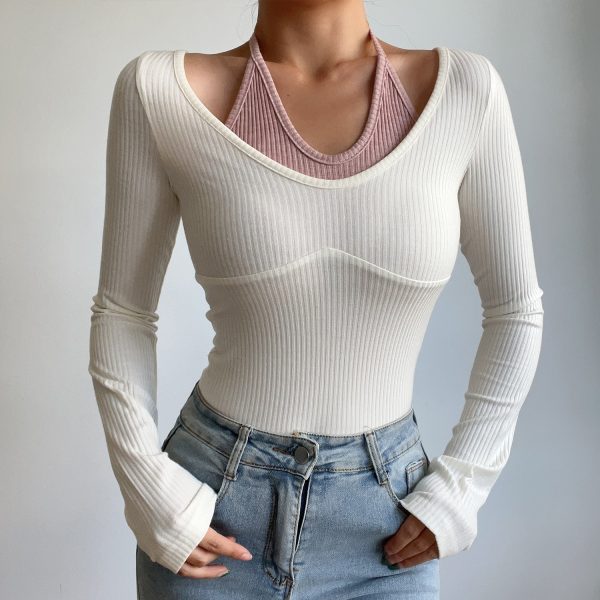 Sexy V-Neck Halter Tie Color-Blocking Ribbed High-Waisted Long Sleeve T-Shirt Top - European American Style