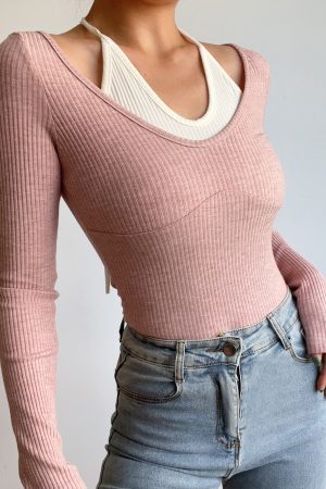 Sexy V-Neck Halter Tie Color-Blocking Ribbed High-Waisted Long Sleeve T-Shirt Top - European American Style
