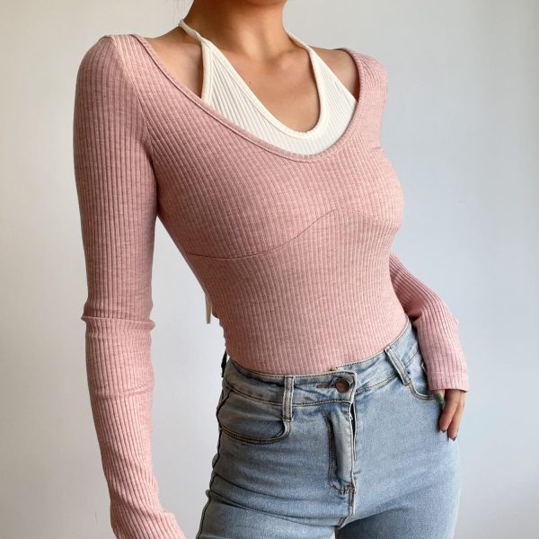 Sexy V-Neck Halter Tie Color-Blocking Ribbed High-Waisted Long Sleeve T-Shirt Top - European American Style