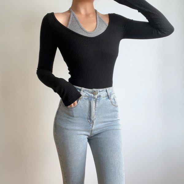 Sexy V-Neck Halter Tie Color-Blocking Ribbed High-Waisted Long Sleeve T-Shirt Top - European American Style
