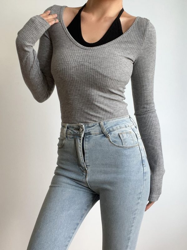Sexy V-Neck Halter Tie Color-Blocking Ribbed High-Waisted Long Sleeve T-Shirt Top - European American Style