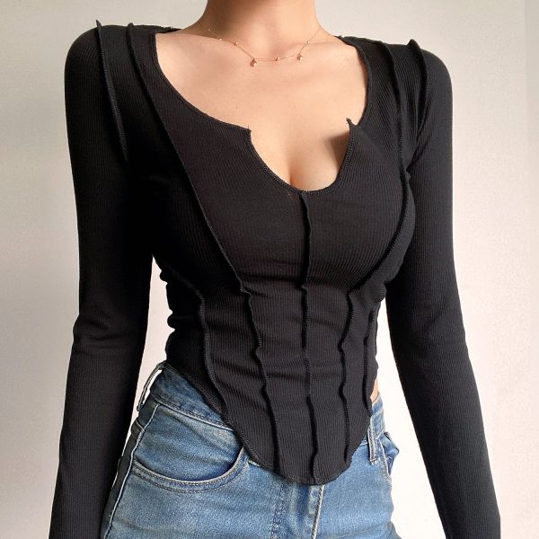 Sexy V-Neck Long Sleeve T-Shirt with Spliced Curved Hem, High-Waisted Slim Fit, Solid Color - European and American Style Fashion