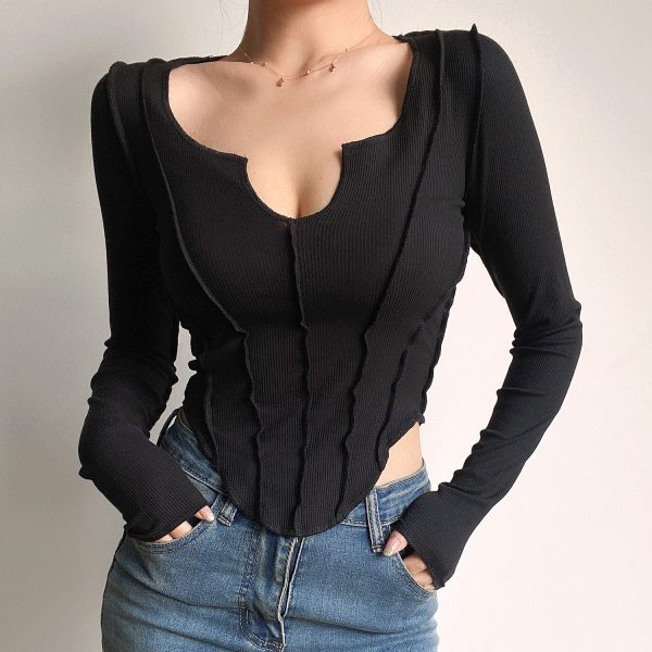 Sexy V-Neck Long Sleeve T-Shirt with Spliced Curved Hem, High-Waisted Slim Fit, Solid Color - European and American Style Fashion