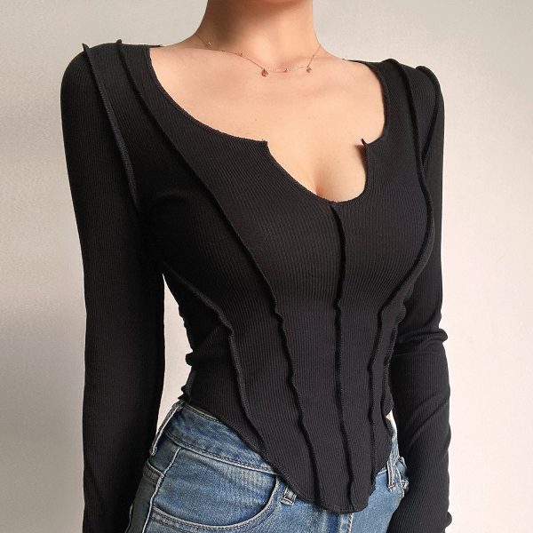 Sexy V-Neck Long Sleeve T-Shirt with Spliced Curved Hem, High-Waisted Slim Fit, Solid Color - European and American Style Fashion