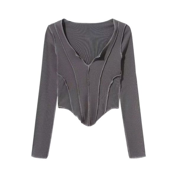 Sexy V-Neck Long Sleeve T-Shirt with Spliced Curved Hem, High-Waisted Slim Fit, Solid Color - European and American Style Fashion