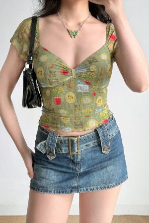 Sexy V-Neck Printed Mesh Short Sleeve T-Shirt for Women - Vintage American Style Summer Top