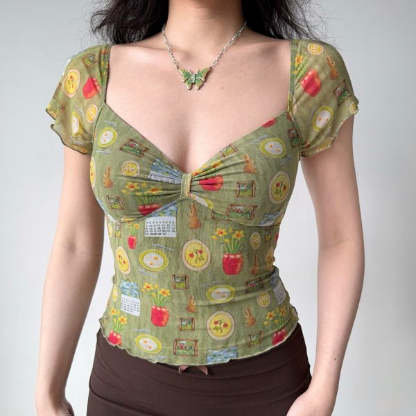 Sexy V-Neck Printed Mesh Short Sleeve T-Shirt for Women - Vintage American Style Summer Top