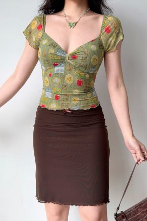 Sexy V-Neck Printed Mesh Short Sleeve T-Shirt for Women - Vintage American Style Summer Top