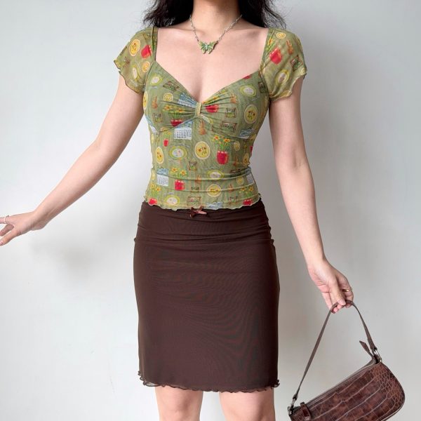 Sexy V-Neck Printed Mesh Short Sleeve T-Shirt for Women - Vintage American Style Summer Top