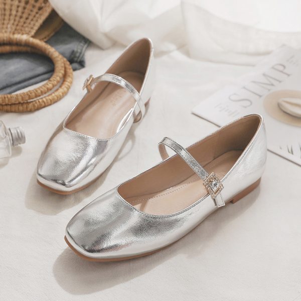 Sheepskin Mary Jane Shoes for Women - Spring Fairy Style Shallow Mouth Flat Loafers in Silver, Perfect for Skirts