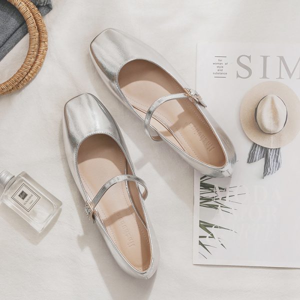 Sheepskin Mary Jane Shoes for Women - Spring Fairy Style Shallow Mouth Flat Loafers in Silver, Perfect for Skirts