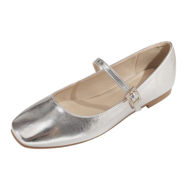 Sheepskin Mary Jane Shoes for Women - Spring Fairy Style Shallow Mouth Flat Loafers in Silver, Perfect for Skirts