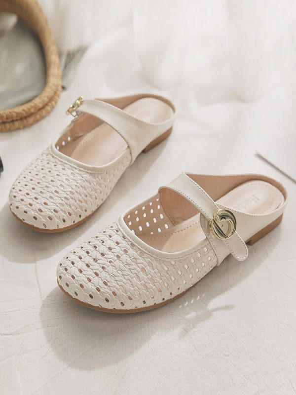 Sheepskin Slip-On Hollow-Out French Style Flat Open-Toe Half Slippers for Women - Summer Outdoor Footwear