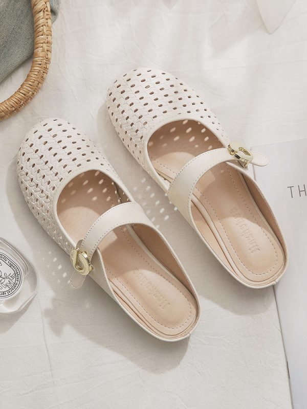 Sheepskin Slip-On Hollow-Out French Style Flat Open-Toe Half Slippers for Women - Summer Outdoor Footwear
