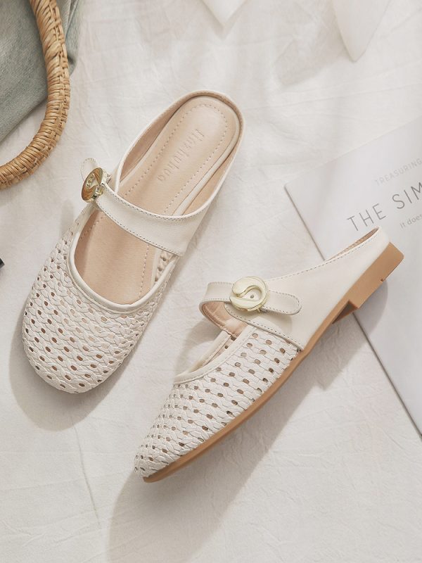 Sheepskin Slip-On Hollow-Out French Style Flat Open-Toe Half Slippers for Women - Summer Outdoor Footwear