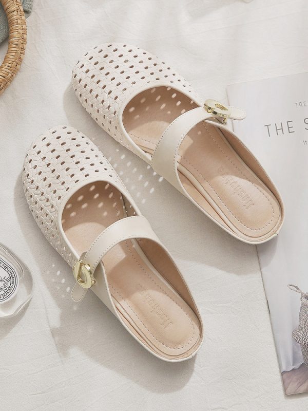 Sheepskin Slip-On Hollow-Out French Style Flat Open-Toe Half Slippers for Women - Summer Outdoor Footwear