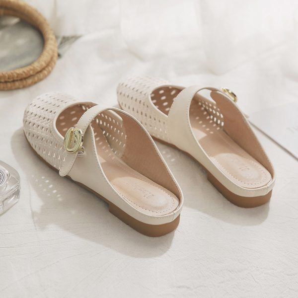 Sheepskin Slip-On Hollow-Out French Style Flat Open-Toe Half Slippers for Women - Summer Outdoor Footwear