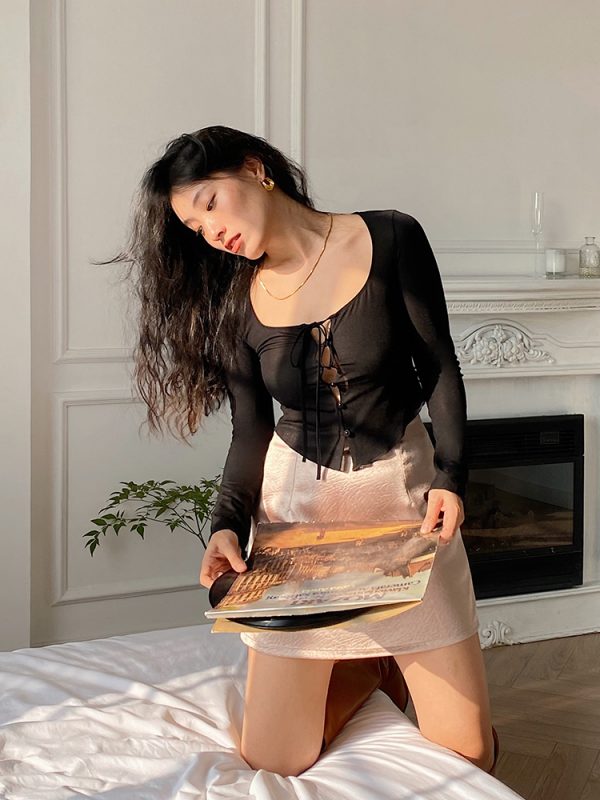 Sheer Black Long-Sleeve Cardigan - Sexy Slim-Fit Hollow-Out Design for 90s Y2K Style Fashion