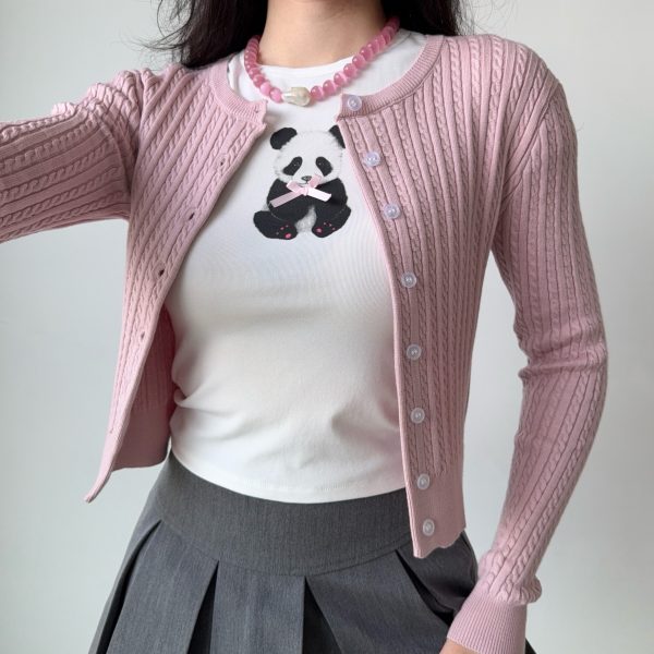 Short Knitted Cardigan Sweater for Women in American College Style - Soft Flattering Twist Design