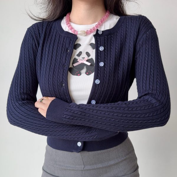 Short Knitted Cardigan Sweater for Women in American College Style - Soft Flattering Twist Design