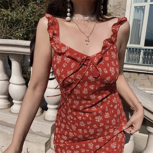 Sicilian Style Floral Ruffled V-Neck Tie Camisole Dress with Flying Sleeves for Women - Spring Summer Vacation Fashion