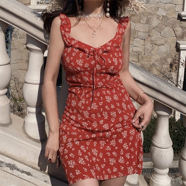 Sicilian Style Floral Ruffled V-Neck Tie Camisole Dress with Flying Sleeves for Women - Spring Summer Vacation Fashion