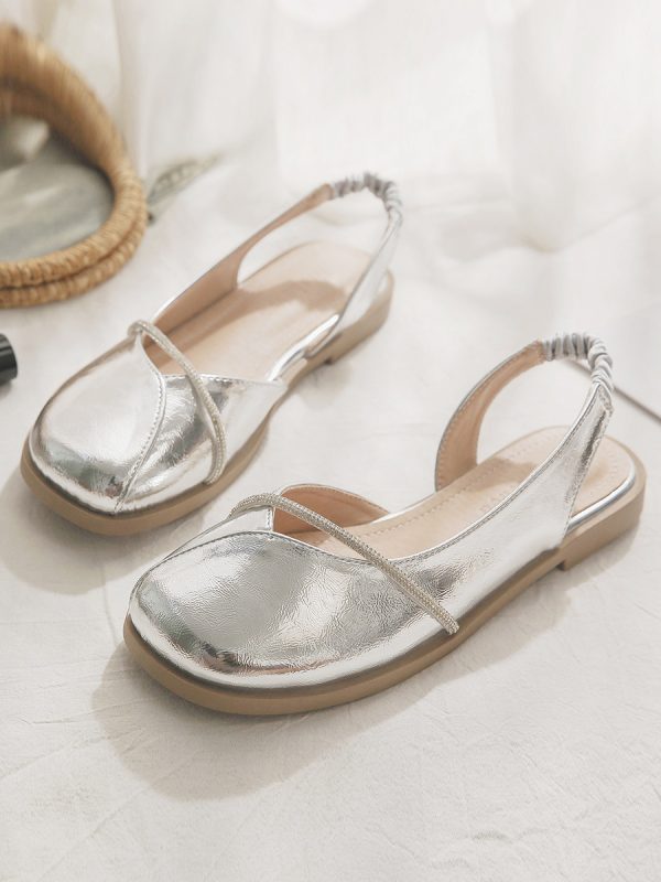 Silver Open-Toe Sheepskin Flat Evening Shoes for Women - Stylish Summer Sandals, Perfect for Outdoor Wear 2025