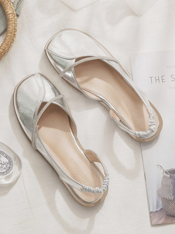 Silver Open-Toe Sheepskin Flat Evening Shoes for Women - Stylish Summer Sandals, Perfect for Outdoor Wear 2025