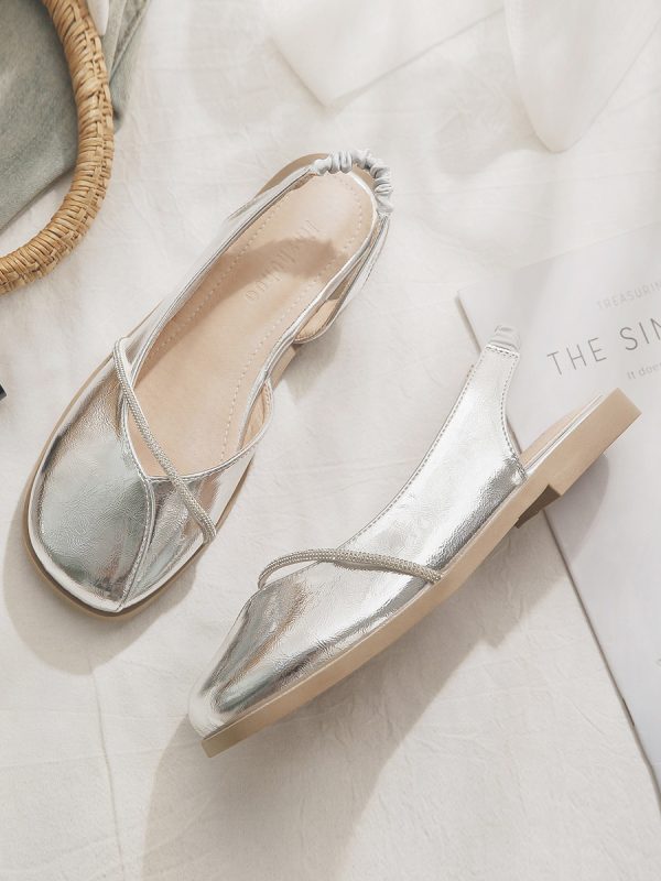 Silver Open-Toe Sheepskin Flat Evening Shoes for Women - Stylish Summer Sandals, Perfect for Outdoor Wear 2025