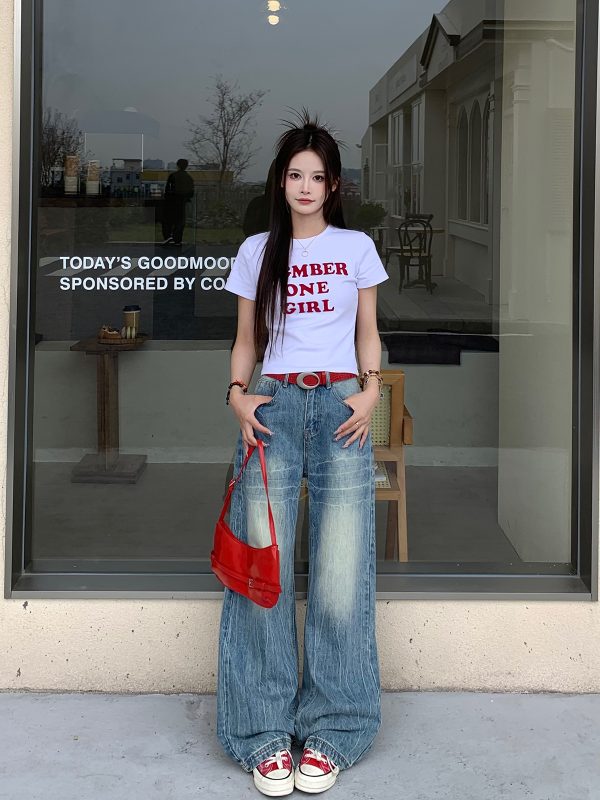 Sister Letter Print Short Sleeve T-Shirt for Women - 2025 Spring Slim Fit Casual Top in Trendy Y2K Style