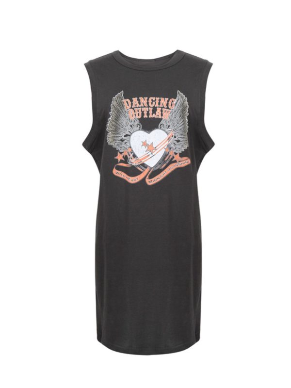 Sleeveless Long Slim Dress with Small Wing Heart Print - 2025 Spring/Summer American Vintage Style