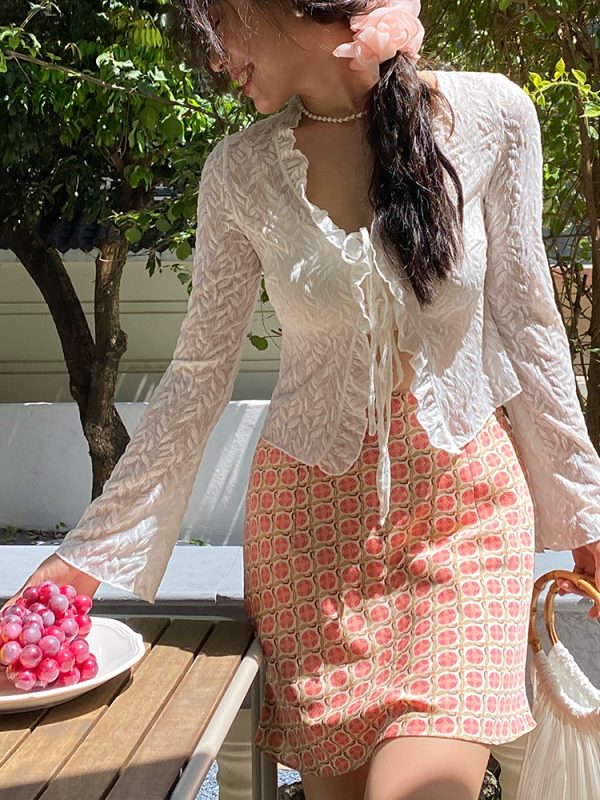 Slightly Sheer French Lace V-Neck Tie Cardigan for Women - Summer Sun Protection, Lightweight, Chic Layering Piece