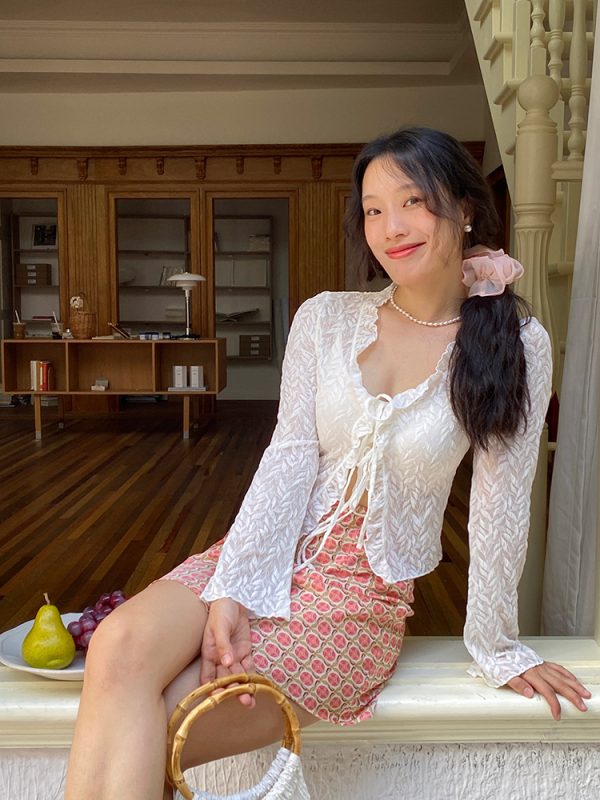 Slightly Sheer French Lace V-Neck Tie Cardigan for Women - Summer Sun Protection, Lightweight, Chic Layering Piece
