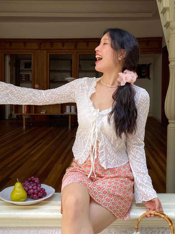 Slightly Sheer French Lace V-Neck Tie Cardigan for Women - Summer Sun Protection, Lightweight, Chic Layering Piece
