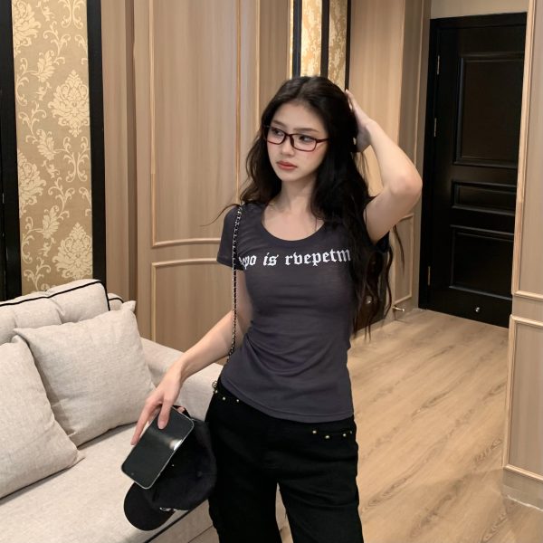 Slightly Sheer U-Neck Short Sleeve T-Shirt for Women - American Vintage Summer Slim Fit Hot Girl Style