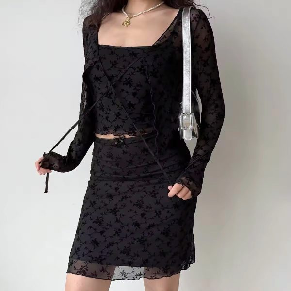 Slim-Fit Black Cardigan with Camisole & High-Waisted Mini Skirt Set â€“ European & American Style Women's Fashion Ensemble
