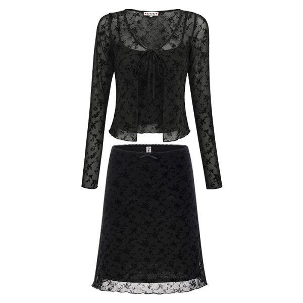Slim-Fit Black Cardigan with Camisole & High-Waisted Mini Skirt Set â€“ European & American Style Women's Fashion Ensemble