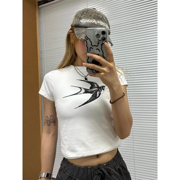 Slim-Fit Crop Short-Sleeve T-Shirt for Women - American Style High Street Summer Top, Trendy Shoulder Design, Y2K Fashion