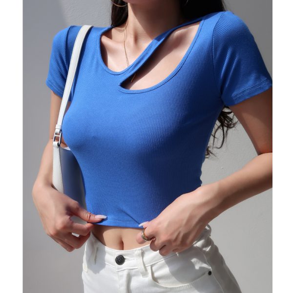Slim Fit Hollow Round Neck Short Sleeve T-Shirt for Women - European American Style High Waist Solid Color Top, Perfect for Casual Chic Looks
