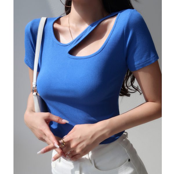 Slim Fit Hollow Round Neck Short Sleeve T-Shirt for Women - European American Style High Waist Solid Color Top, Perfect for Casual Chic Looks