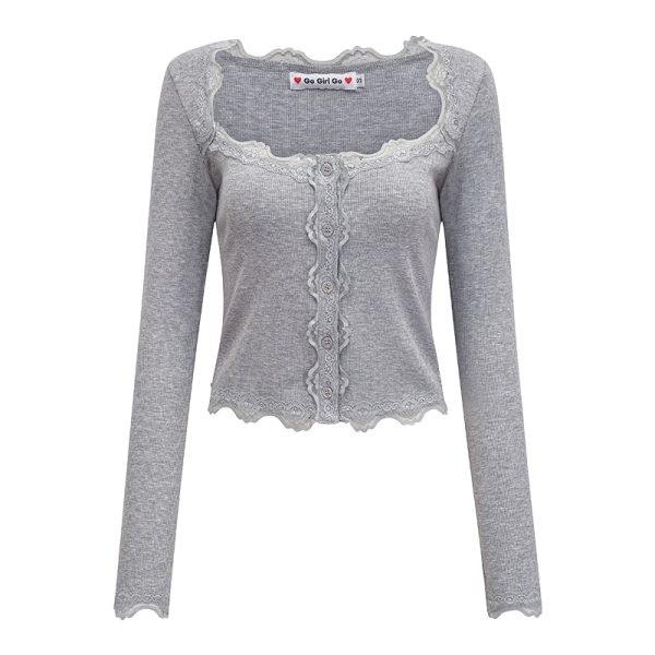 Slim Fit Lace Trim Long Sleeve Knitted Cardigan - Women's European American Style, Casual Chic Top for 90s Y2K Inspired Fashion