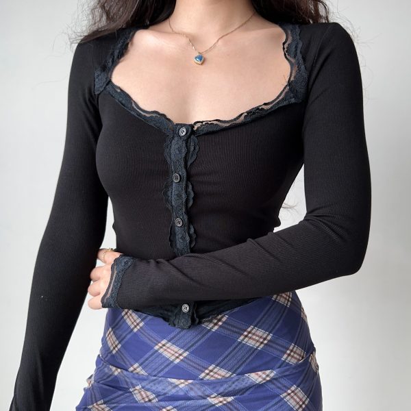 Slim Fit Lace Trim Long Sleeve Knitted Cardigan - Women's European American Style, Casual Chic Top for 90s Y2K Inspired Fashion