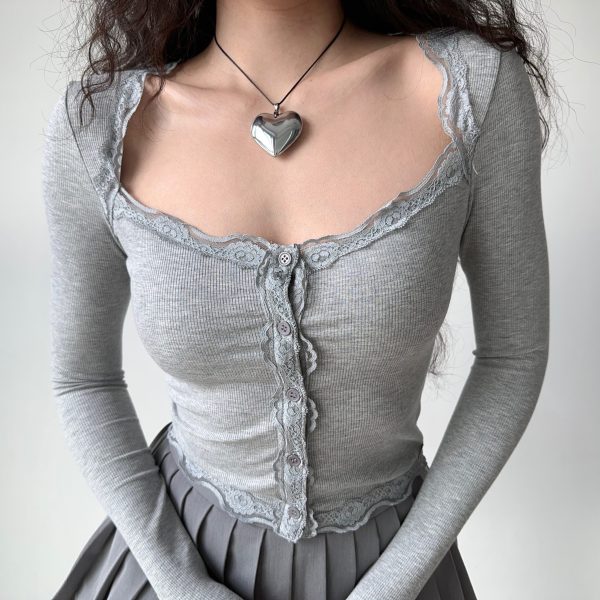 Slim Fit Lace Trim Long Sleeve Knitted Cardigan - Women's European American Style, Casual Chic Top for 90s Y2K Inspired Fashion