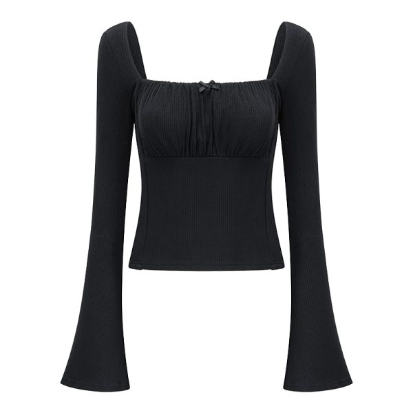 Slim Fit Long Sleeve Black T-Shirt for Women - Three-Dimensional Cut, Flattering Square Neck, European American Style