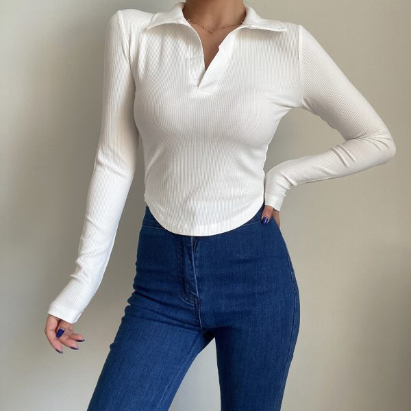 Slim Fit Long Sleeve V-Neck T-Shirt Top - Simple Solid Color Basic for Women - Sexy European & American Style Fashion Essential