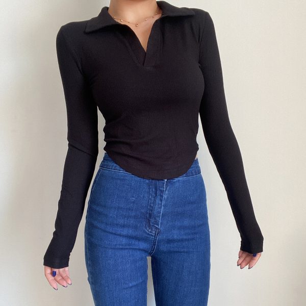 Slim Fit Long Sleeve V-Neck T-Shirt Top - Simple Solid Color Basic for Women - Sexy European & American Style Fashion Essential