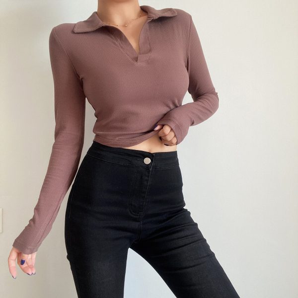 Slim Fit Long Sleeve V-Neck T-Shirt Top - Simple Solid Color Basic for Women - Sexy European & American Style Fashion Essential