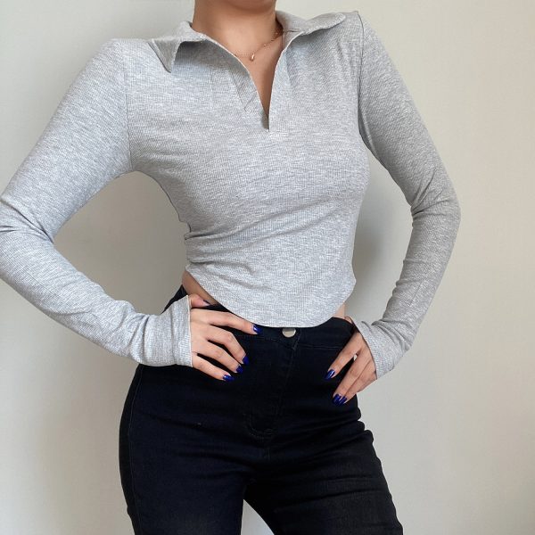 Slim Fit Long Sleeve V-Neck T-Shirt Top - Simple Solid Color Basic for Women - Sexy European & American Style Fashion Essential
