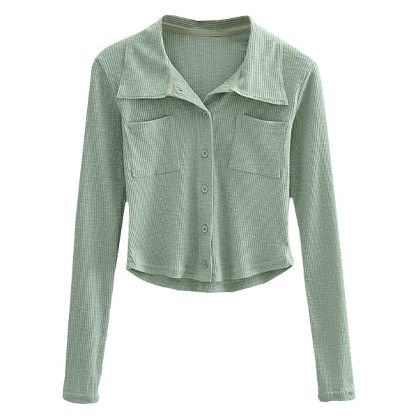 Slim-Fit Minimalist Lapel Long Sleeve T-Shirt - Solid Color, Pocket Detail, Sexy European American Style Top
